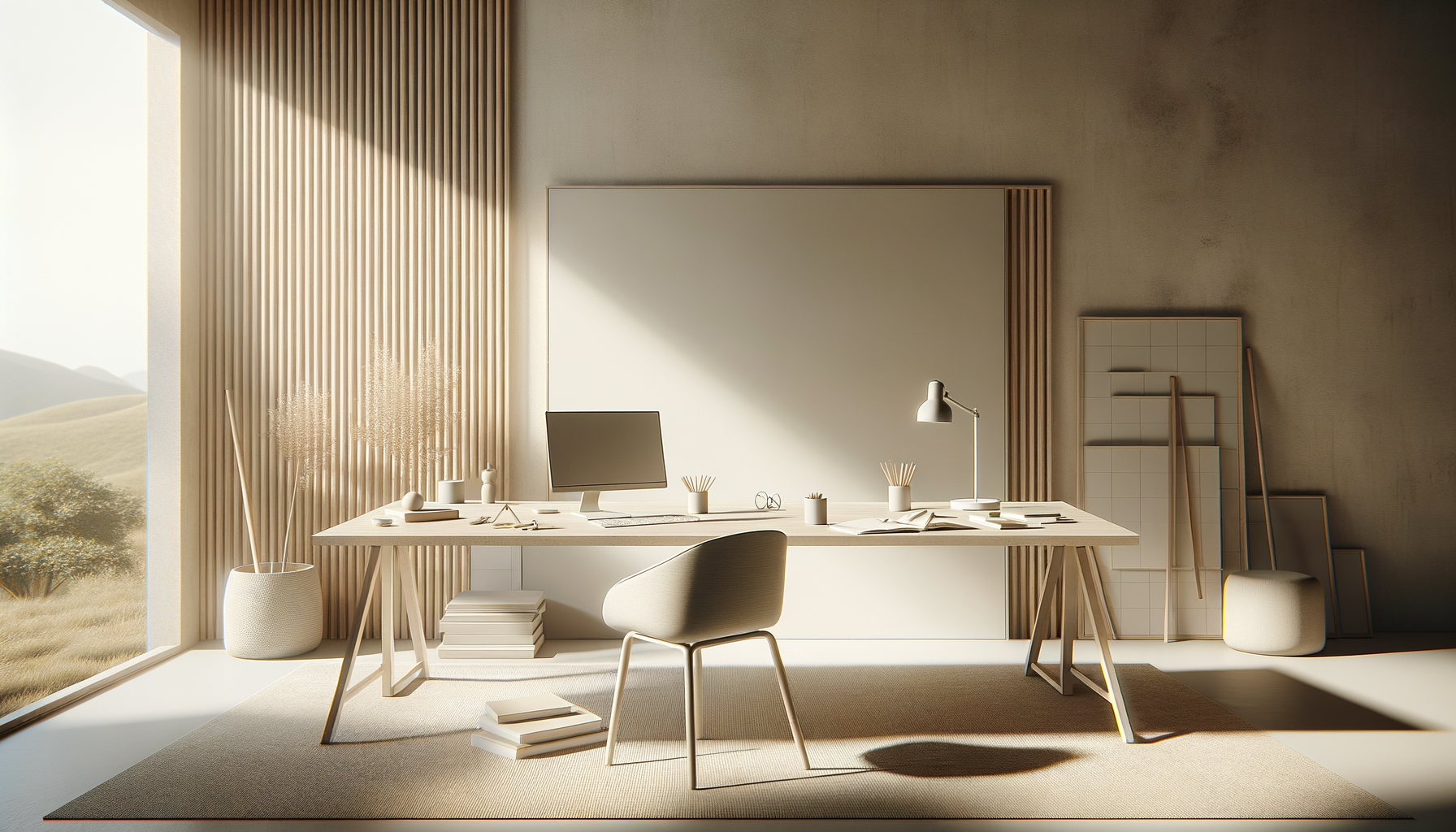 Modern workspace with warm lighting and clean desk